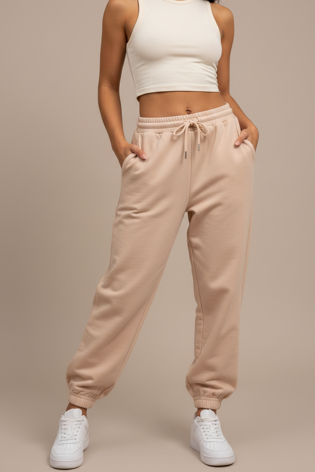 Pantalon Fluide Beige Cordon Ample Décontracté Sport - Molleton