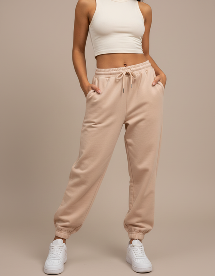Pantalon Fluide Beige Cordon Ample Décontracté Sport - Molleton