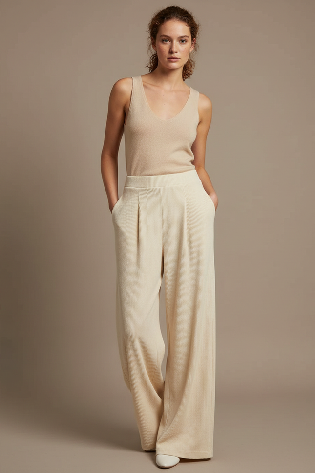 Pantalon Fluide Beige Côtelé Ample Décontracté Chic - Cordé