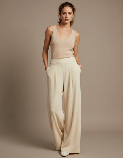 Pantalon Fluide Beige Côtelé Ample Décontracté Chic - Cordé