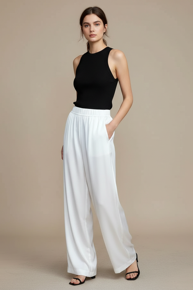 Pantalon Fluide Femme Blanc Palazzo - Viscose