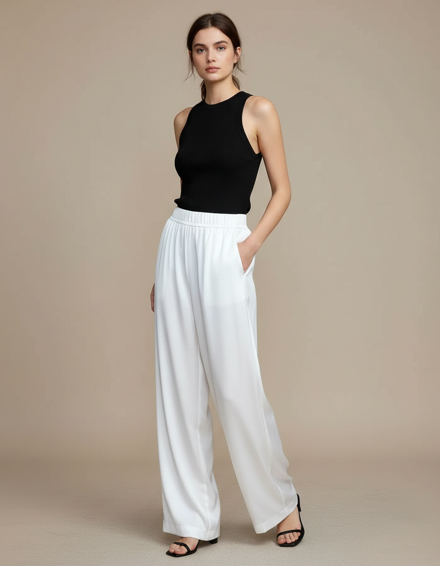 Pantalon Fluide Femme Blanc Palazzo - Viscose