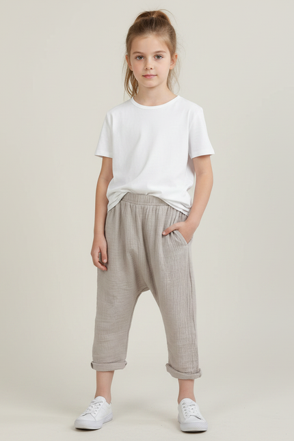 Pantalon Fluide Beige Coton Plissé Ample Enfant
