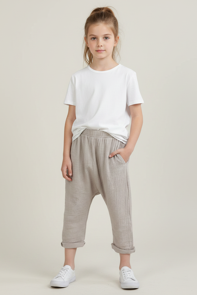 Pantalon Fluide Beige Coton Plissé Ample Enfant