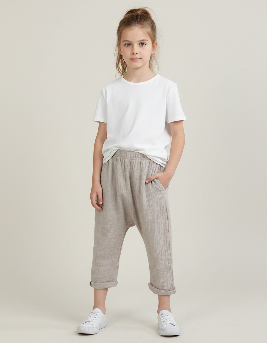 Pantalon Fluide Beige Coton Plissé Ample Enfant