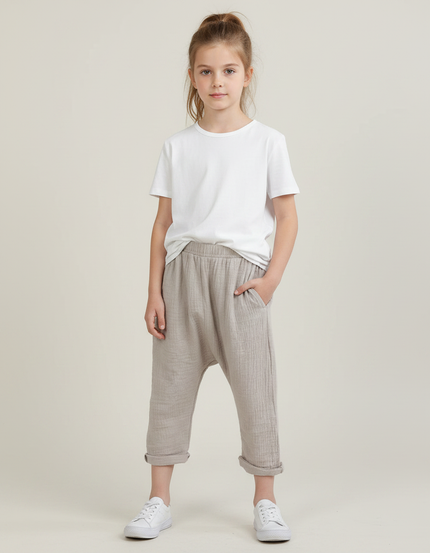 Pantalon Fluide Beige Coton Plissé Ample Enfant