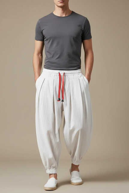 Pantalon Fluide Blanc Ample Coton Plissé Cordon - Lin