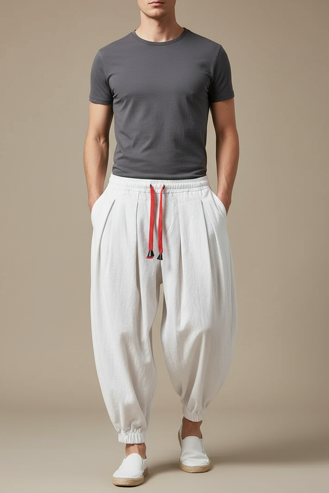 Pantalon Fluide Blanc Ample Coton Plissé Cordon - Lin