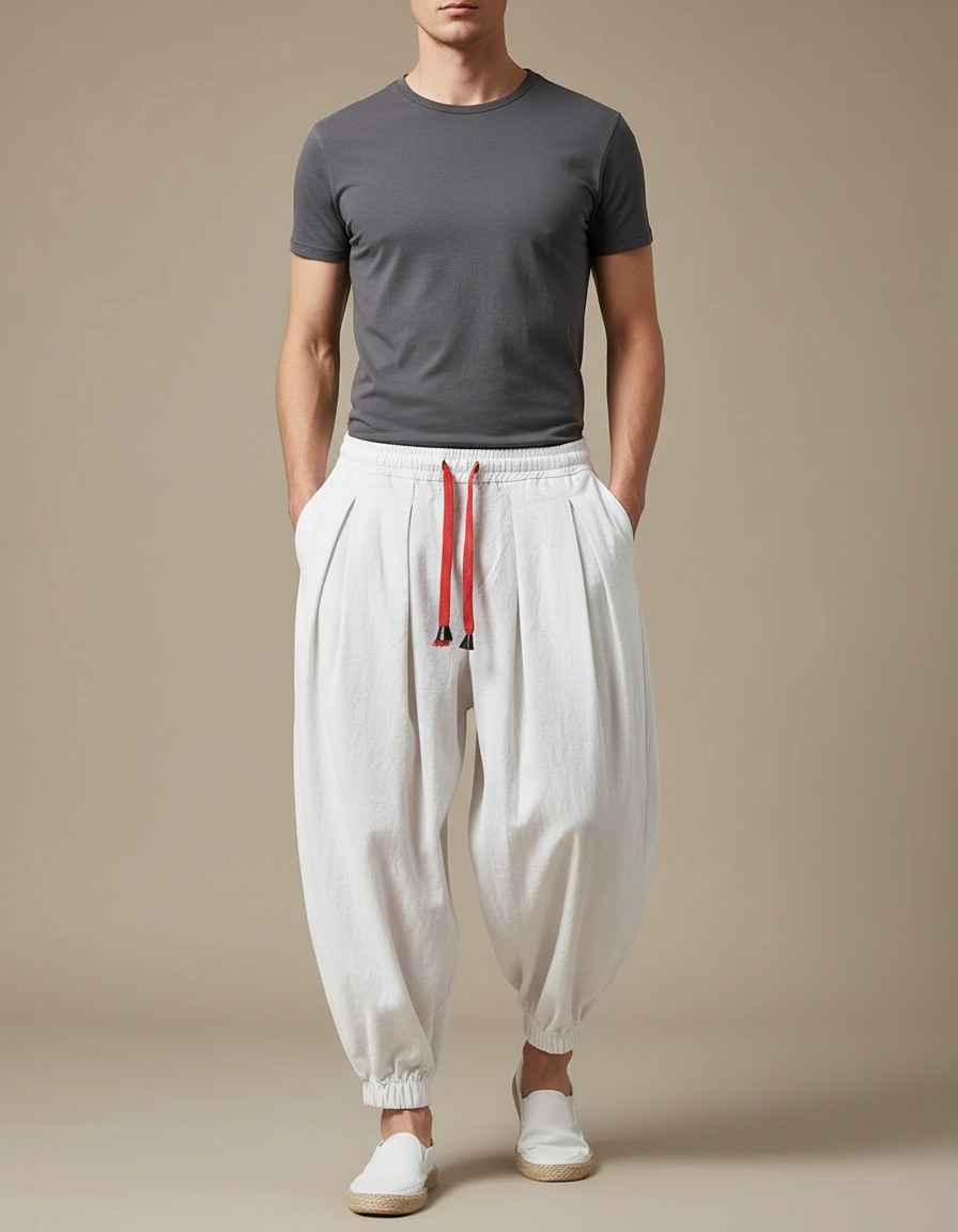 Pantalon Fluide Blanc Ample Coton Plissé Cordon - Lin