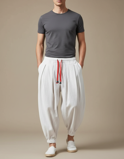 Pantalon Fluide Blanc Ample Coton Plissé Cordon - Lin