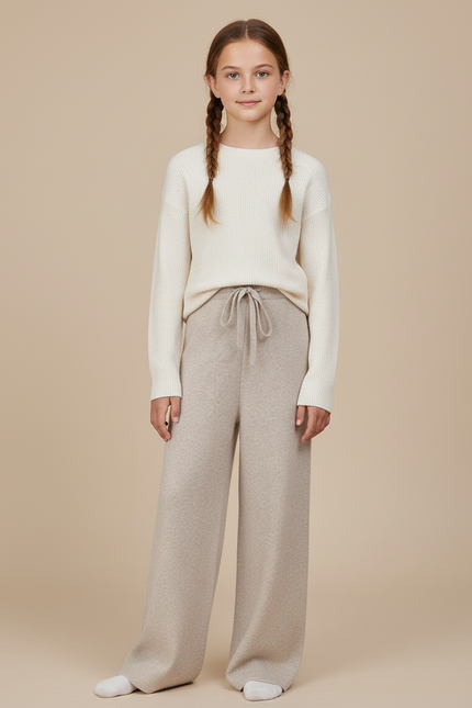 Pantalon Fluide Beige Laine Ample Tricoté Confortable Enfant
