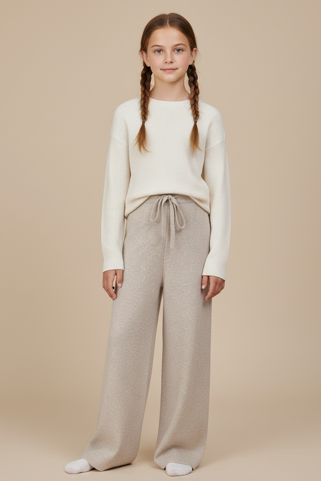 Pantalon Fluide Beige Laine Ample Tricoté Confortable Enfant