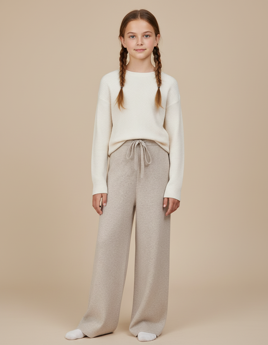 Pantalon Fluide Beige Laine Ample Tricoté Confortable Enfant
