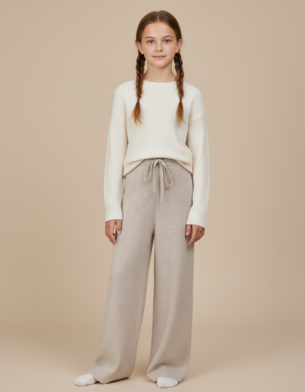 Pantalon Fluide Beige Laine Ample Tricoté Confortable Enfant