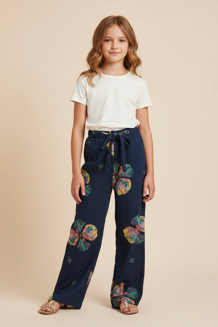 Pantalon Fluide Bleu Marine Imprimé Floral Large Fille - Viscose