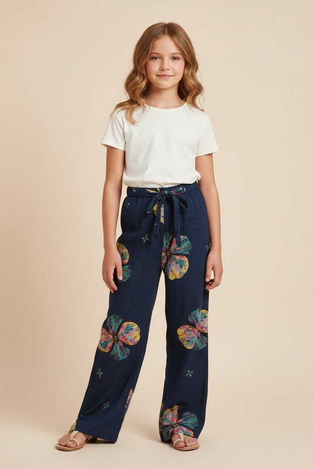 Pantalon Fluide Bleu Marine Imprimé Floral Large Fille - Viscose