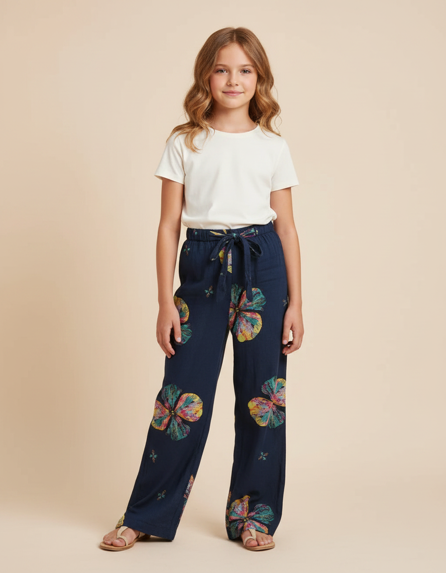 Pantalon Fluide Bleu Marine Imprimé Floral Large Fille - Viscose