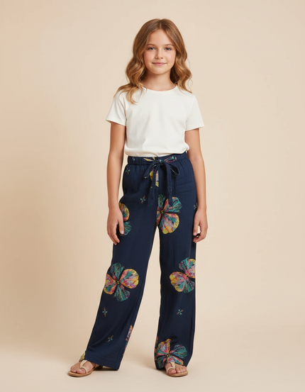 Pantalon Fluide Bleu Marine Imprimé Floral Large Fille - Viscose