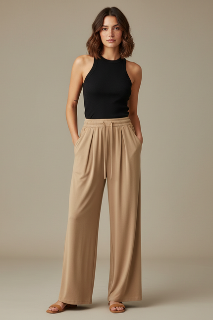 Pantalon Fluide Beige Large Confortable Cordon Plissé - Viscose