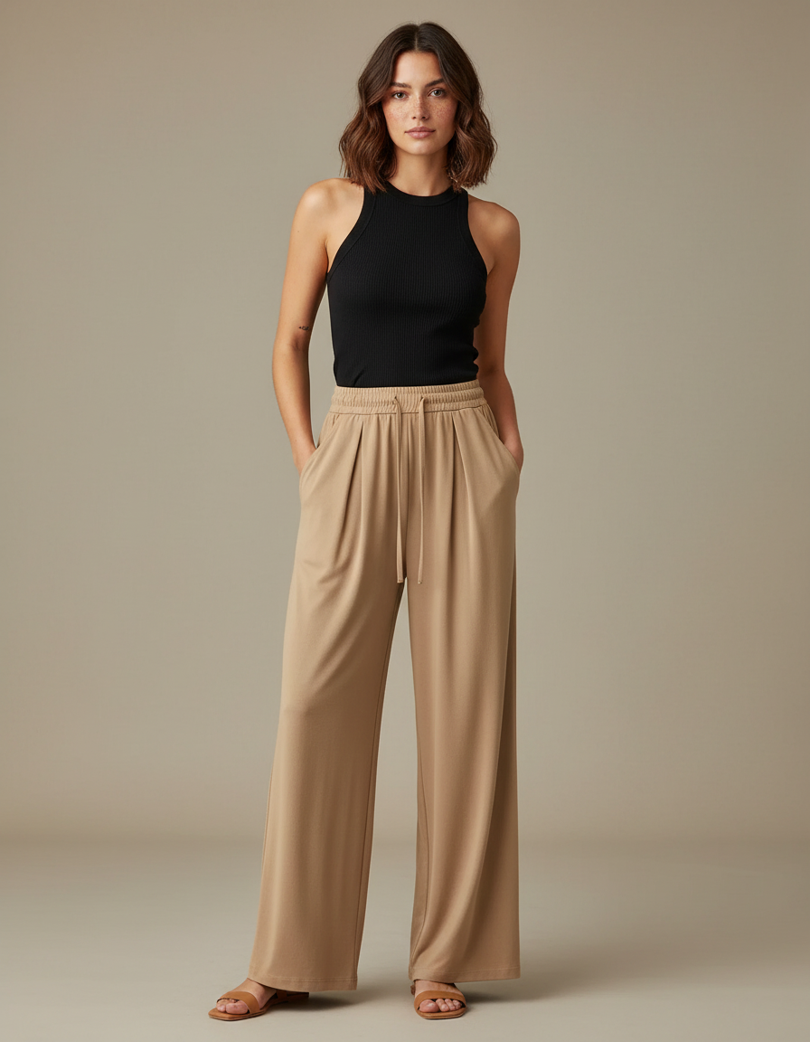 Pantalon Fluide Beige Large Confortable Cordon Plissé - Viscose