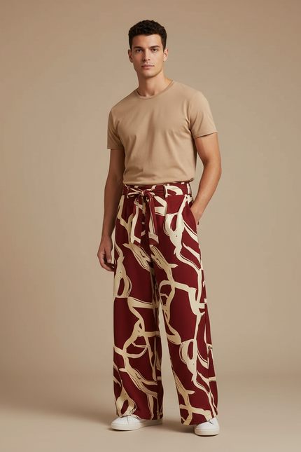 Pantalon Fluide Imprimé Abstrait Rouge Ample Décontracté - Bordeaux Viscose