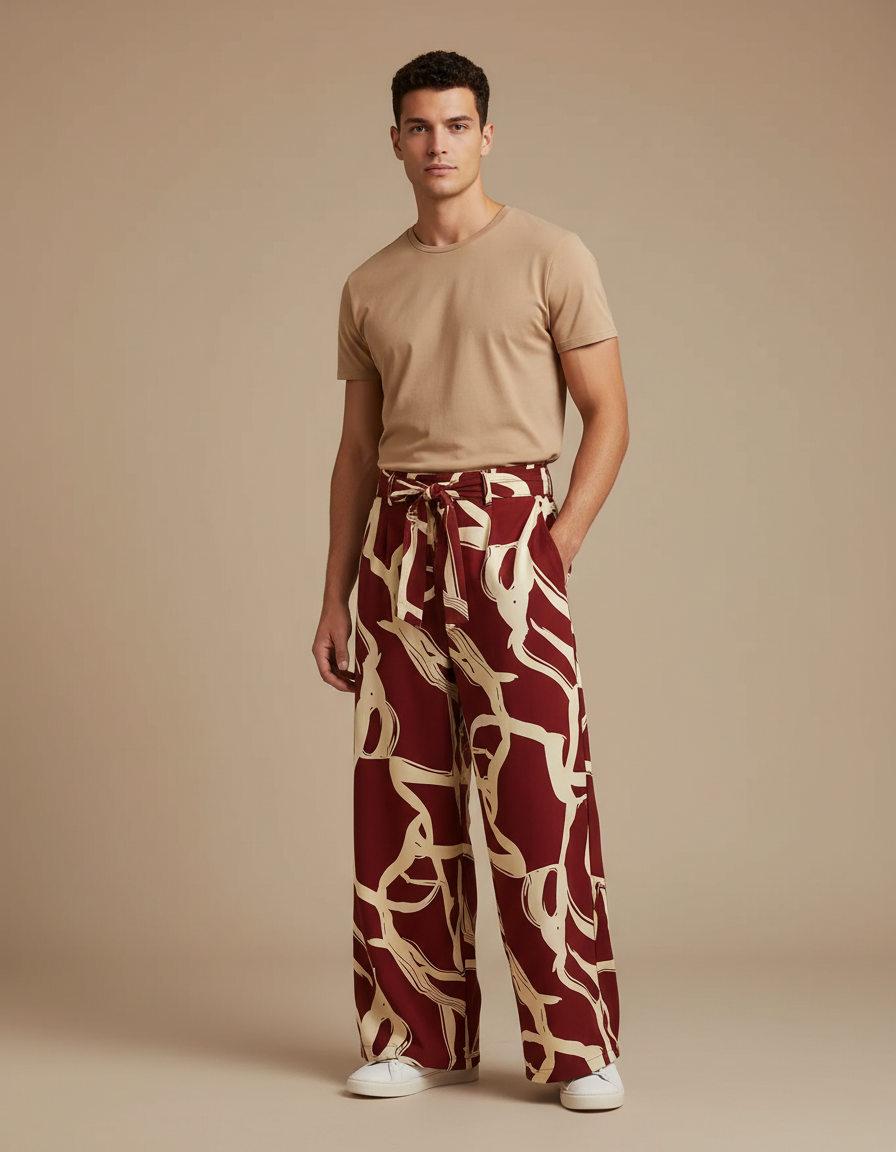 Pantalon Fluide Imprimé Abstrait Rouge Ample Décontracté - Bordeaux Viscose