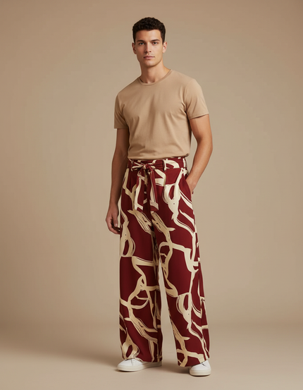 Pantalon Fluide Imprimé Abstrait Rouge Ample Décontracté - Bordeaux Viscose