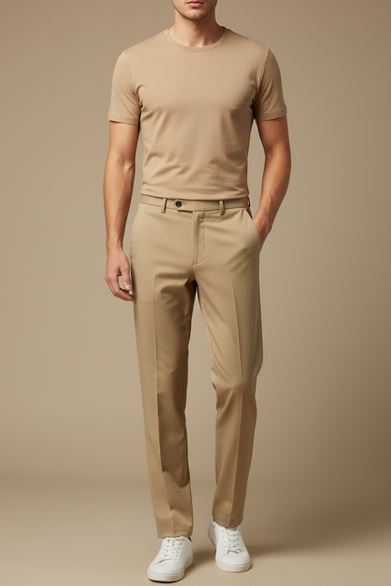 Pantalon Fluide Beige Droit Extensible Élégant Homme - Gabardine