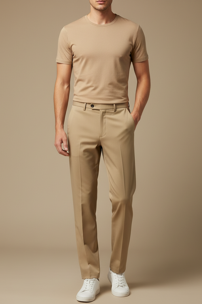 Pantalon Fluide Beige Droit Extensible Élégant Homme - Gabardine
