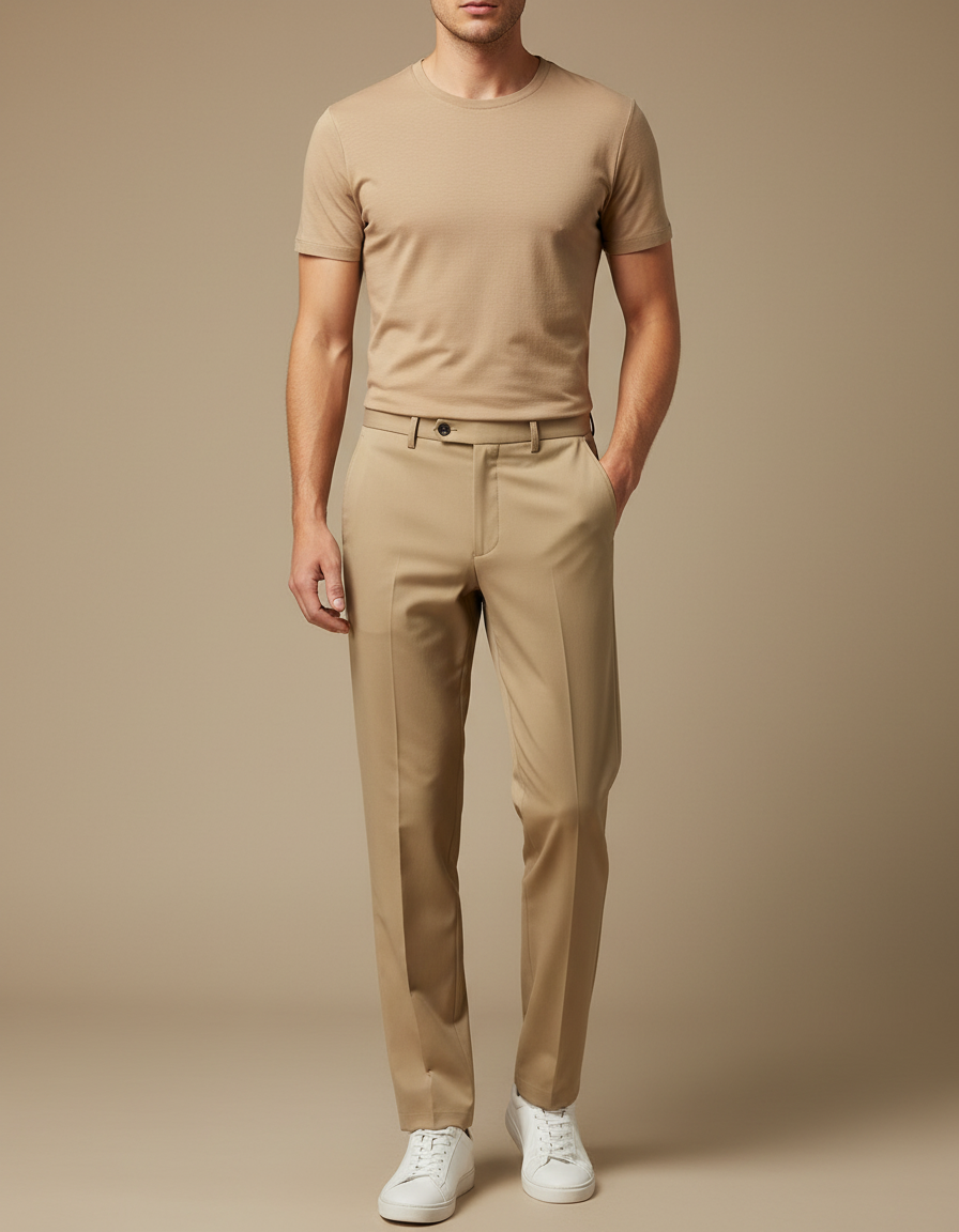 Pantalon Fluide Beige Droit Extensible Élégant Homme - Gabardine
