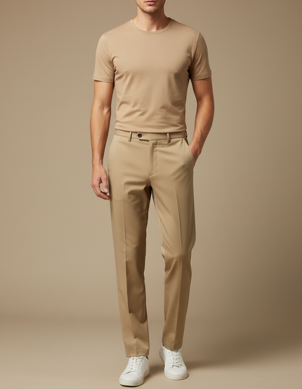 Pantalon Fluide Beige Droit Extensible Élégant Homme - Gabardine