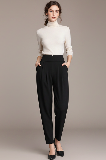 Pantalon Fluide Noir Taille Haute Plissé Élégant Femme - Viscose
