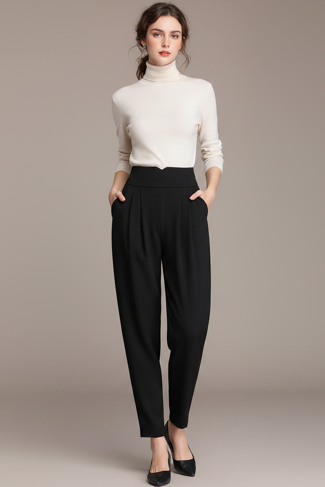 Pantalon Fluide Noir Taille Haute Plissé Élégant Femme - Viscose