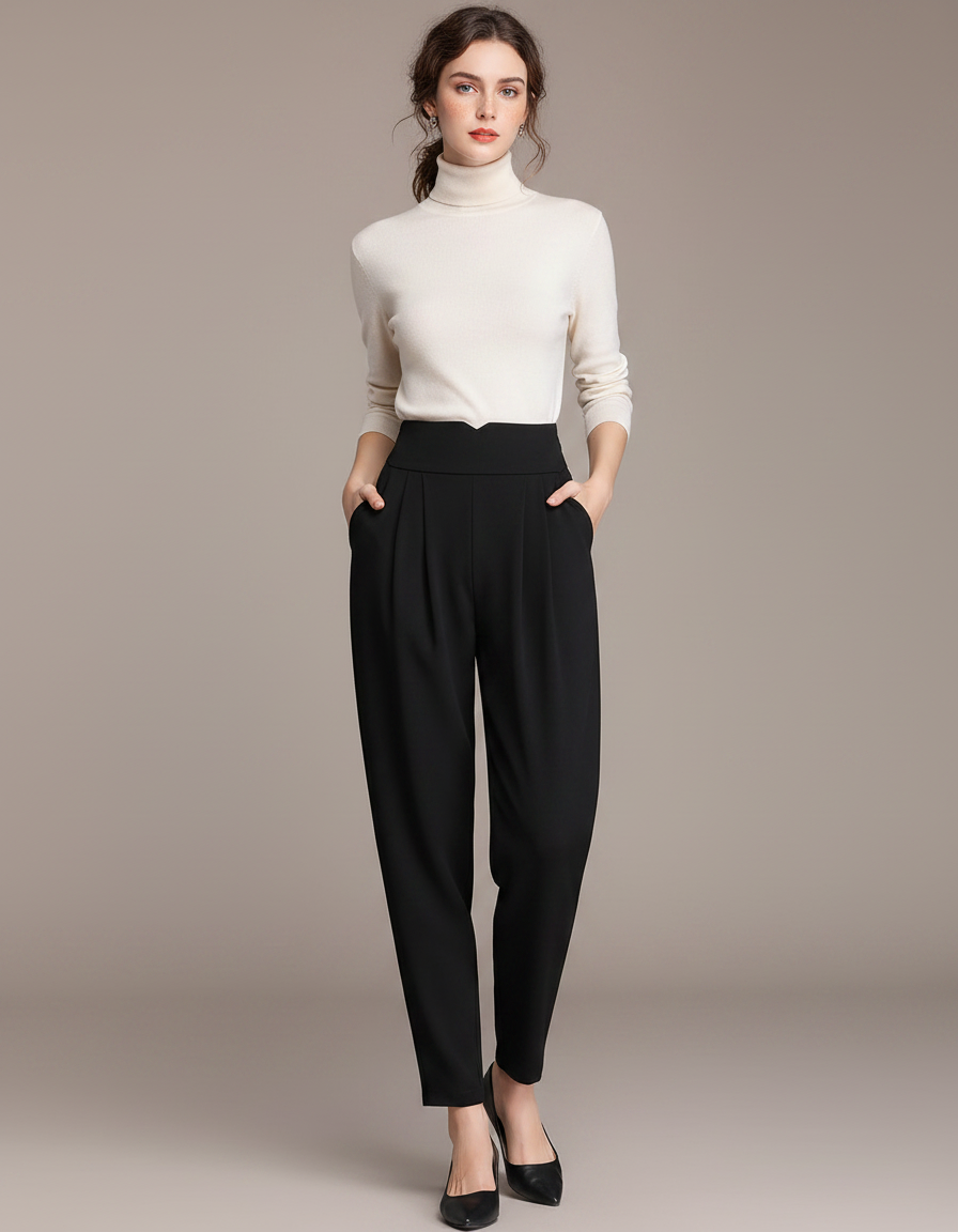 Pantalon Fluide Noir Taille Haute Plissé Élégant Femme - Viscose