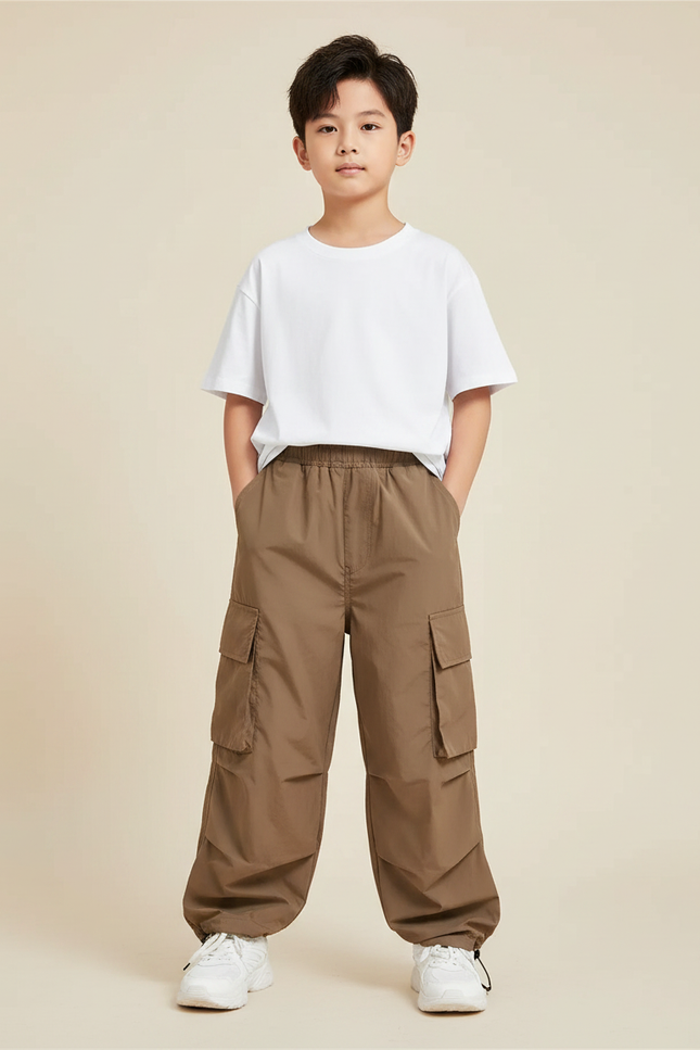 Pantalon Fluide Cargo Marron Ample Garçon Décontracté - Polyester