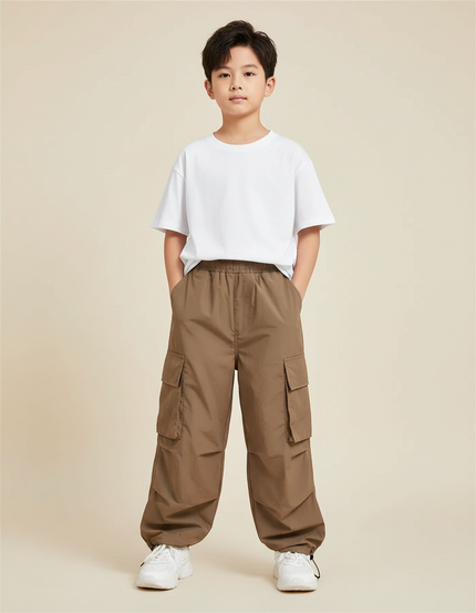 Pantalon Fluide Cargo Marron Ample Garçon Décontracté - Polyester