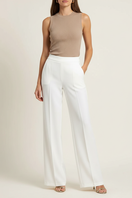 Pantalon Fluide Blanc Taille Haute Droit Élégant Femme - Polyester