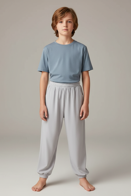 Pantalon Fluide Gris Clair Ample Coton Enfant - Viscose