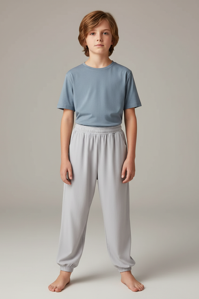 Pantalon Fluide Gris Clair Ample Coton Enfant - Viscose