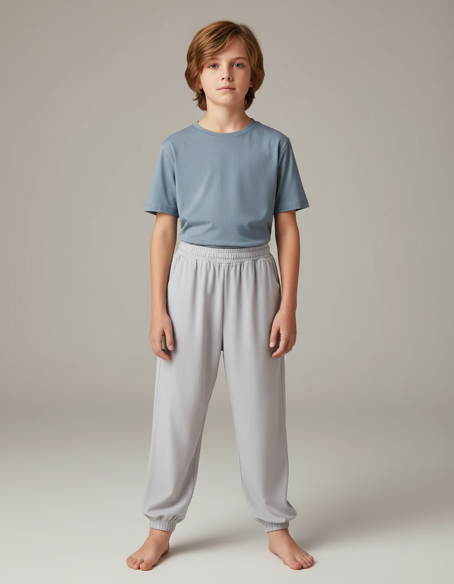 Pantalon Fluide Gris Clair Ample Coton Enfant - Viscose