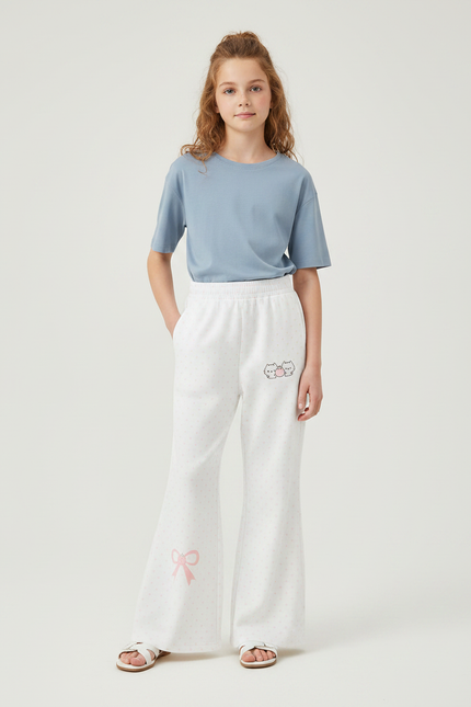 Pantalon Fluide Blanc Évasé Pois Brodé Enfant - Molleton