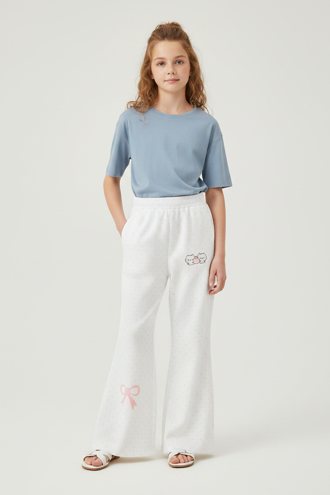 Pantalon Fluide Blanc Évasé Pois Brodé Enfant - Molleton