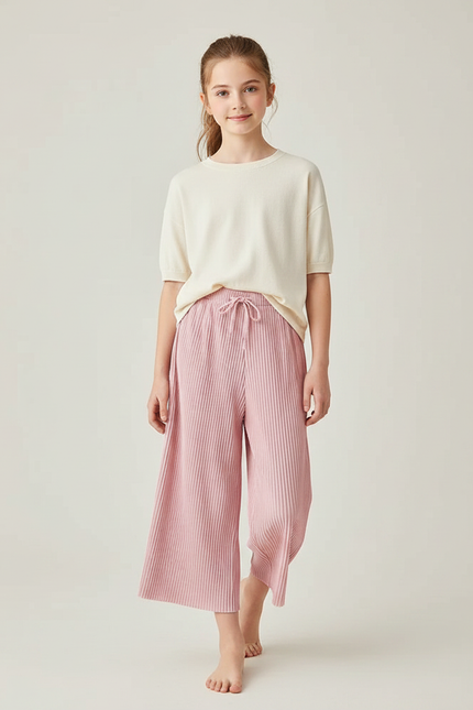Pantalon Fluide Rose Plissé Ample Décontracté Enfant - Polyester