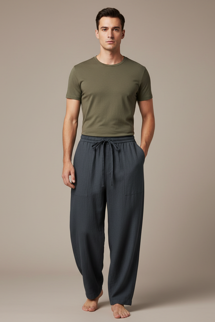Pantalon Fluide Homme Coton Lin Ample Décontracté - Gris