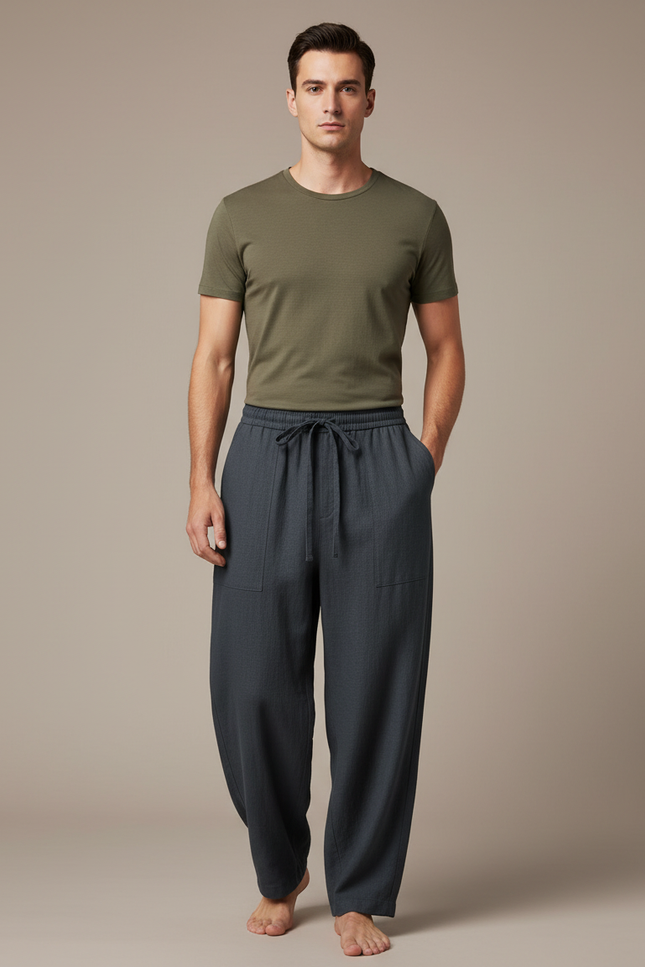 Pantalon Fluide Homme Coton Lin Ample Décontracté - Gris