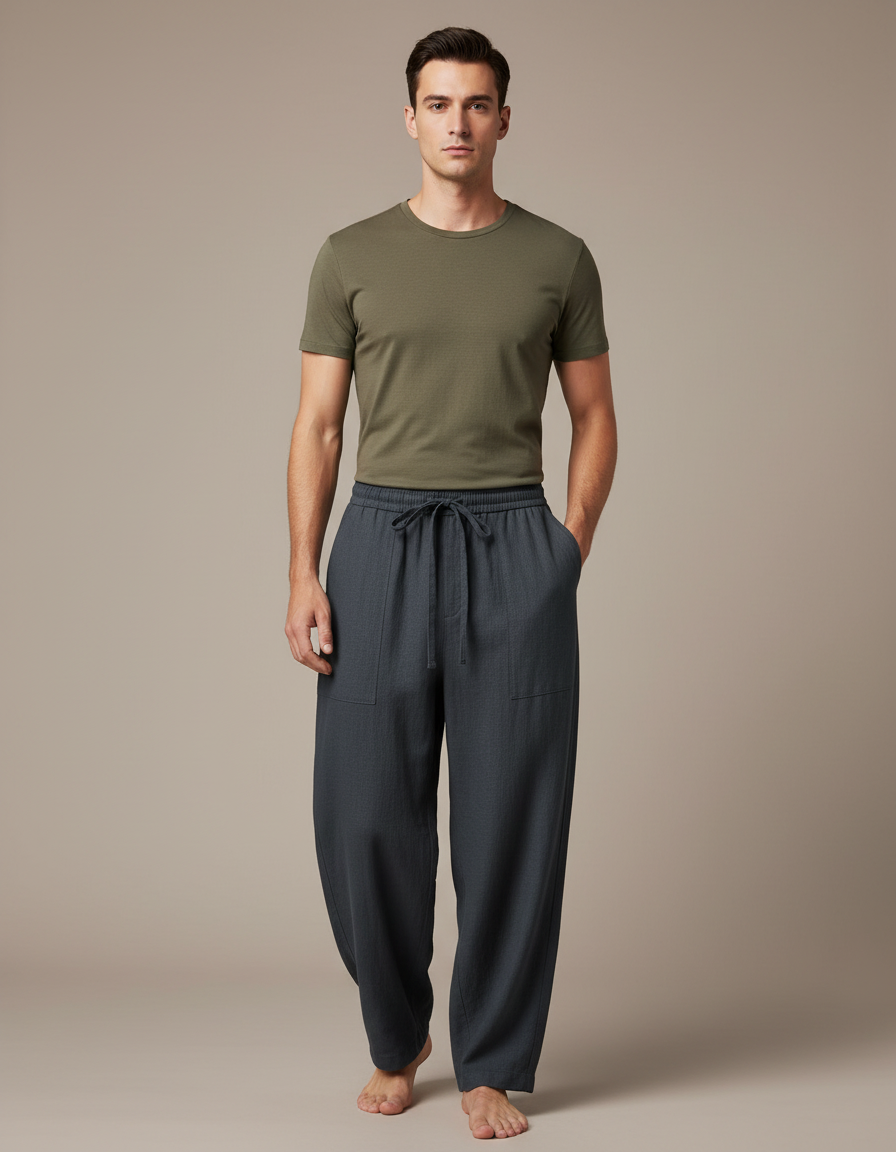 Pantalon Fluide Homme Coton Lin Ample Décontracté - Gris