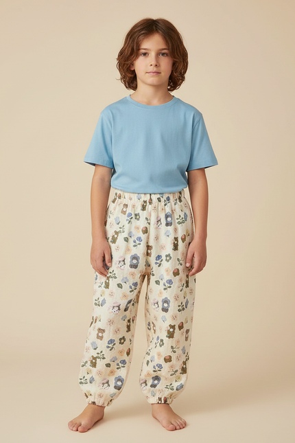 Pantalon Fluide Écru Ample Imprimé Fleuri Mignon - Beige Lin