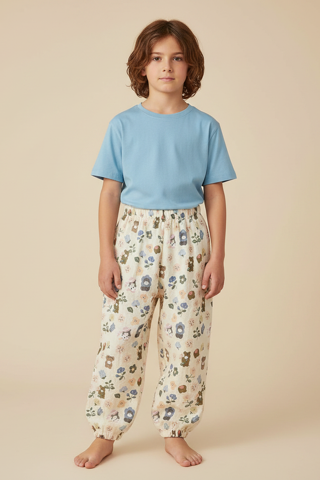 Pantalon Fluide Écru Ample Imprimé Fleuri Mignon - Beige Lin