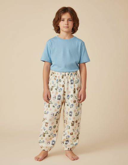 Pantalon Fluide Écru Ample Imprimé Fleuri Mignon - Beige Lin
