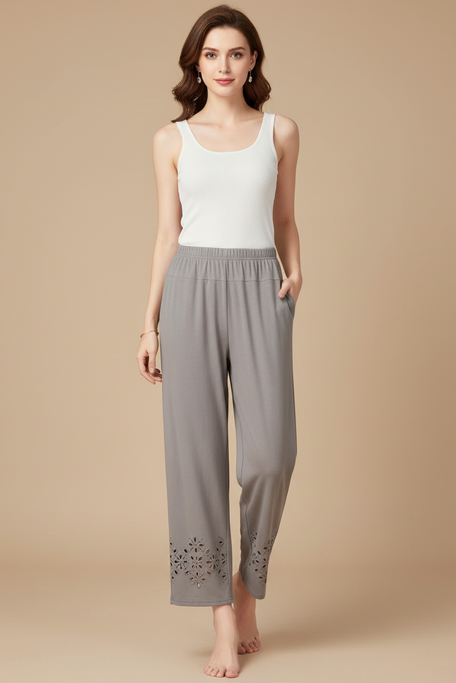 Pantalon Fluide Gris Ample Découpé Cheville Décontracté - Viscose